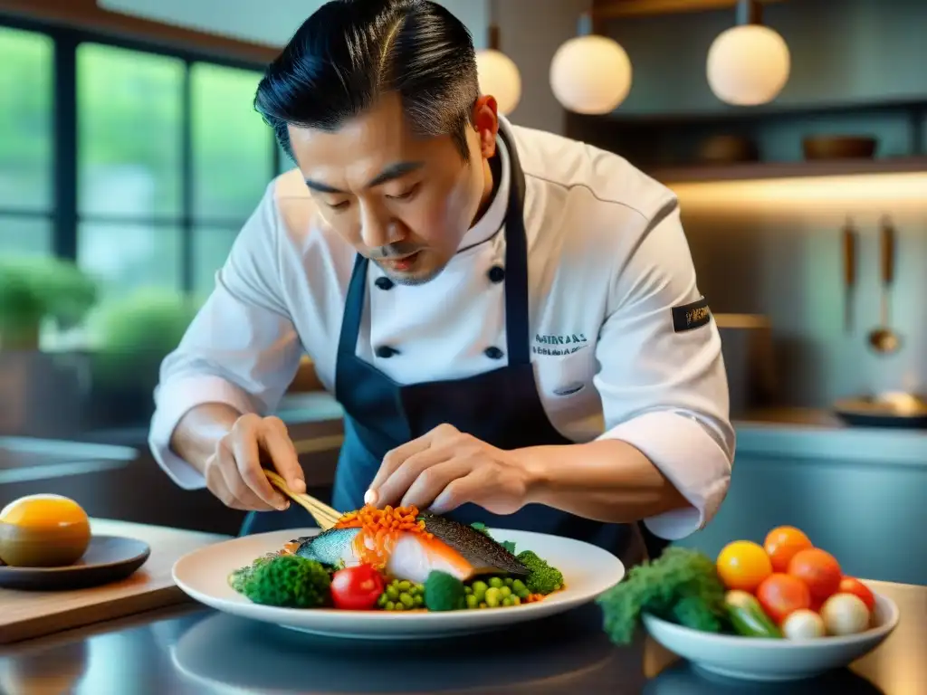 Un chef en Lima preparando un exquisito almuerzo Nikkei con delicadeza y arte, rodeado de ingredientes coloridos