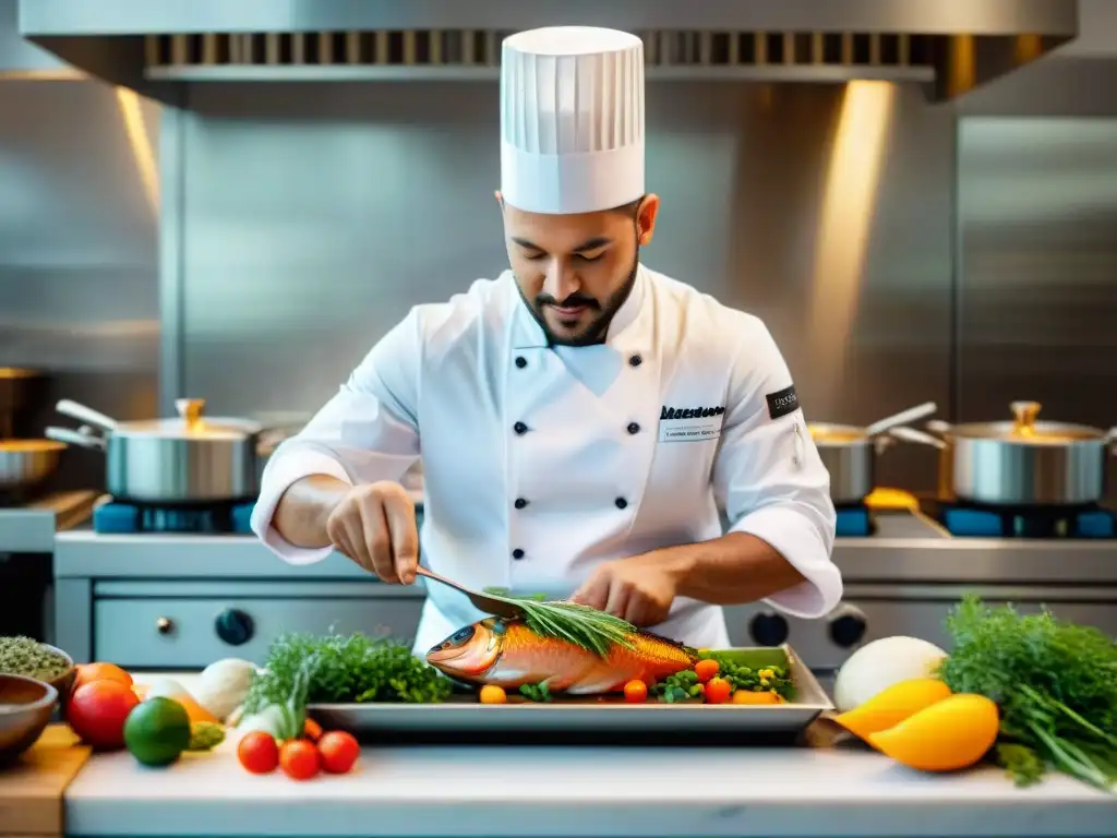 Chef preparando un exquisito platillo con paiche en una cocina bulliciosa