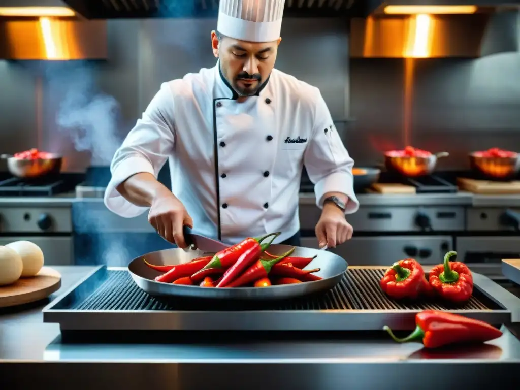 Un chef famoso corta rocotos rojos con precisión en una cocina elegante, resaltando los beneficios del rocoto en gastronomía