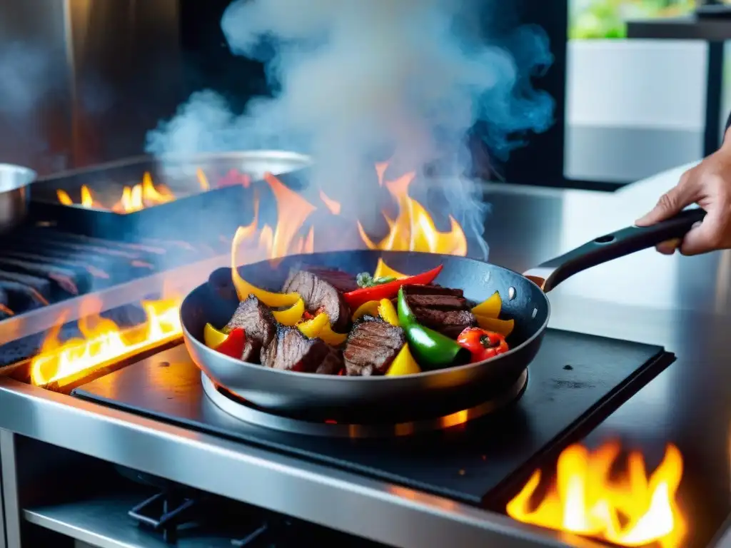 Un chef flambea lomo saltado en una sartén caliente en cocina moderna