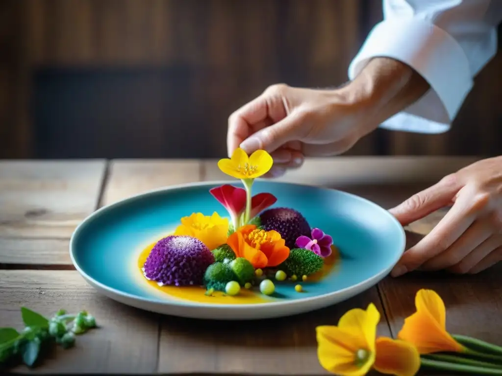 Un chef colocando flores comestibles en una composición equilibrada de ingredientes frescos sobre una mesa de madera rústica