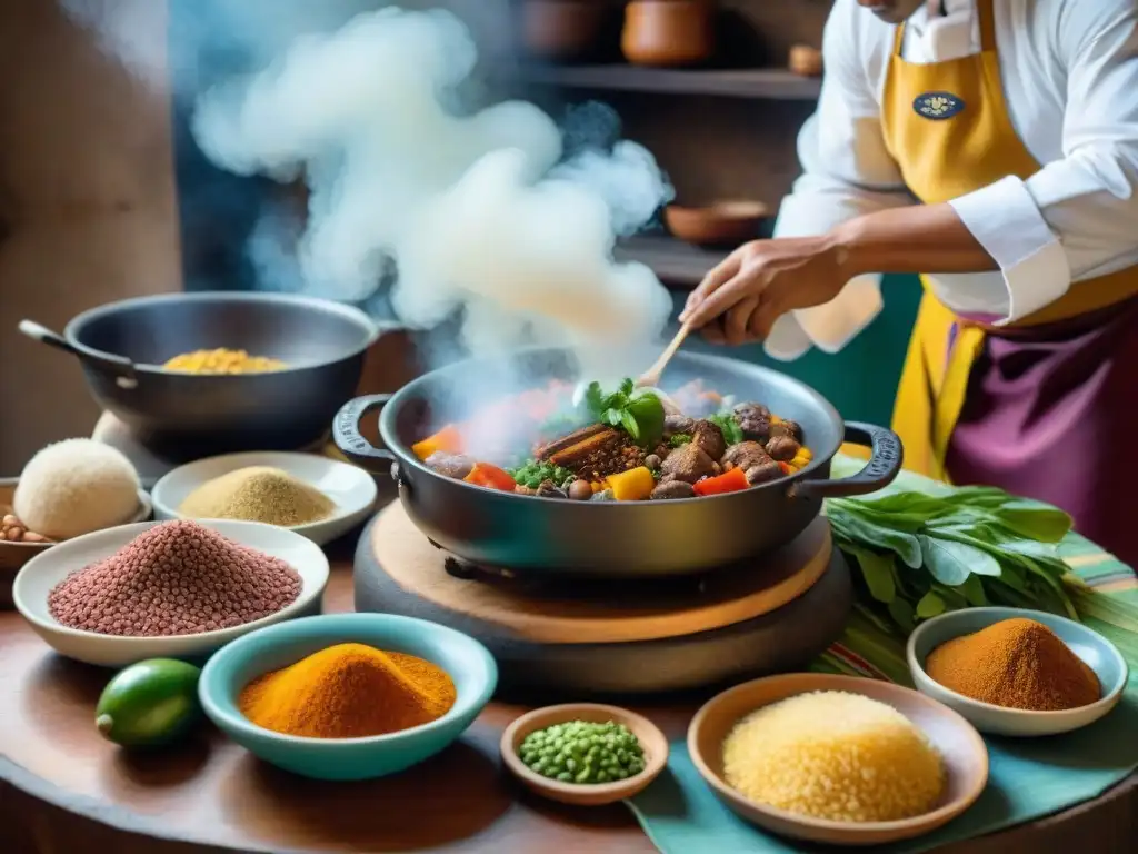 Un chef prepara frejoles con seco en una cocina peruana tradicional