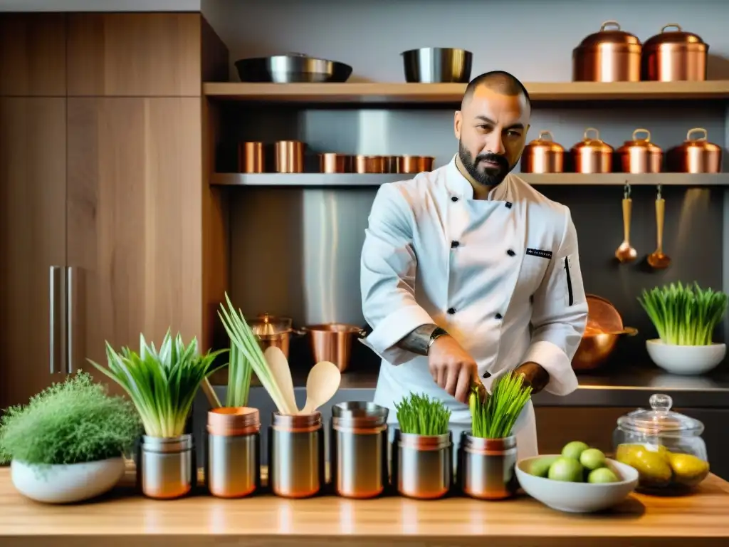 Chef cortando fresca hierba Luisa en cocina moderna, resaltando los beneficios en la preparación gourmet