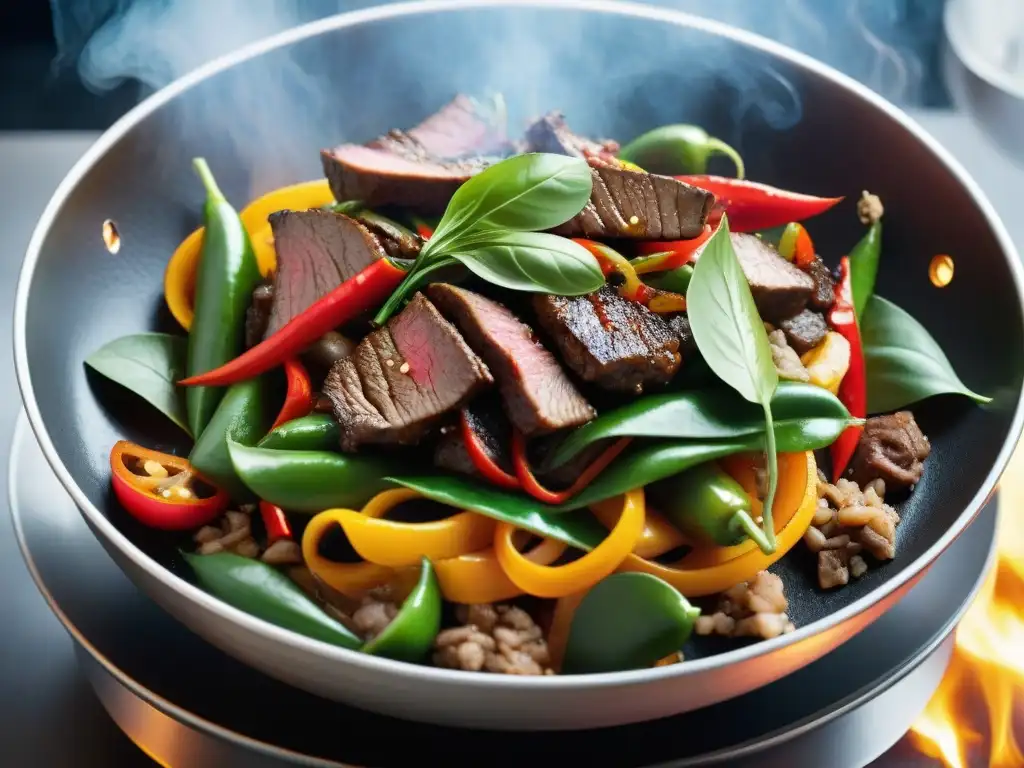 Un chef hábil prepara una fusión moderna de lomo saltado con tiras de carne, pimientos, cebolla y un toque de fuego en la cocina profesional