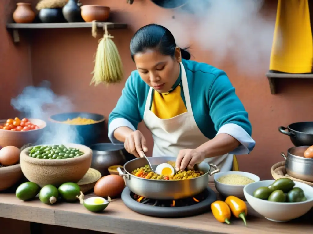 Un chef prepara Aji de Gallina en una bulliciosa cocina peruana con ingredientes vibrantes y decoración auténtica