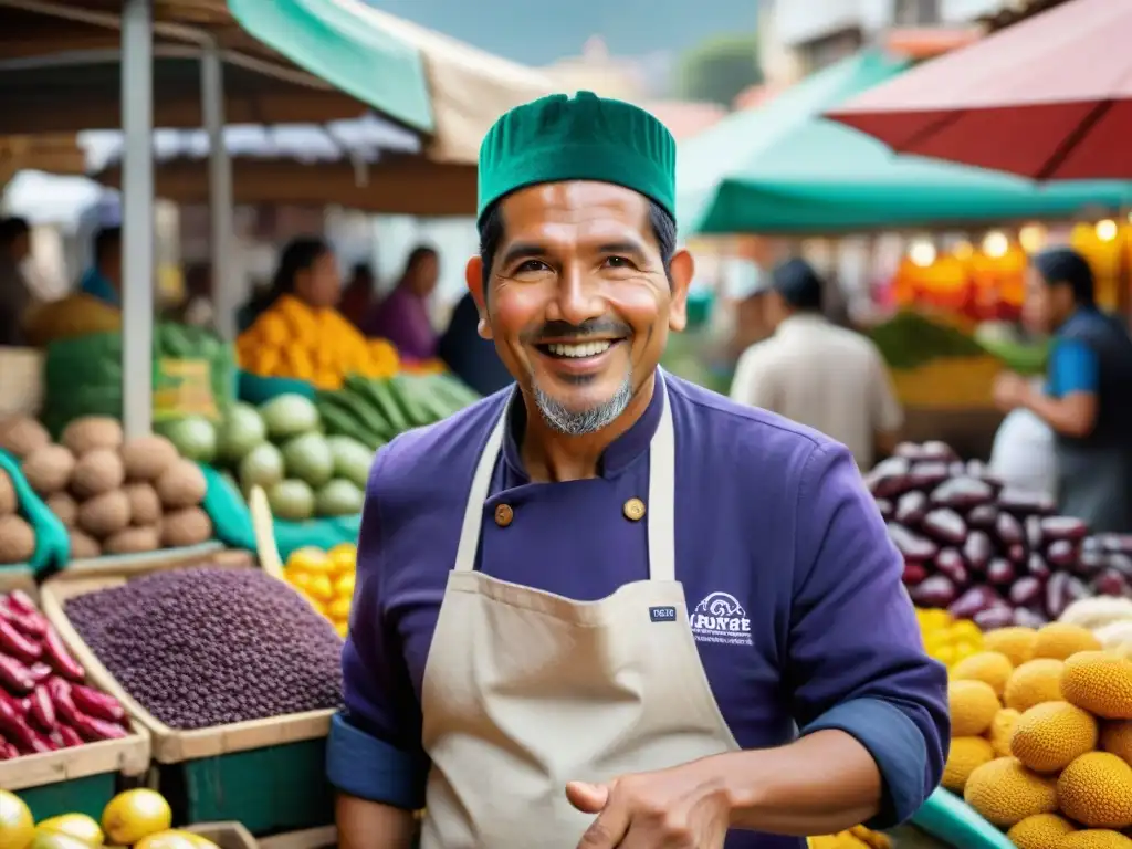 Chef Jaime Pesaque promociona la Gastronomía peruana en un mercado local, rodeado de ingredientes autóctonos vibrantes