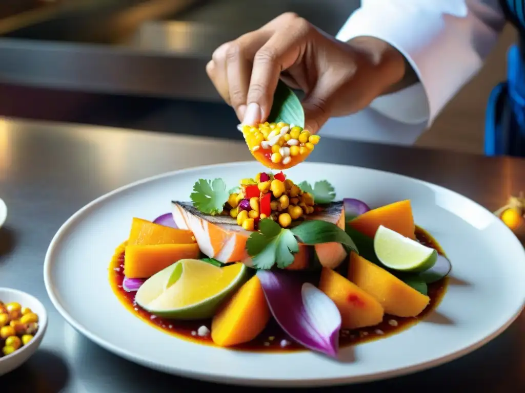 Chef gourmet preparando ceviche peruano con ingredientes tradicionales en cocina de alta gama