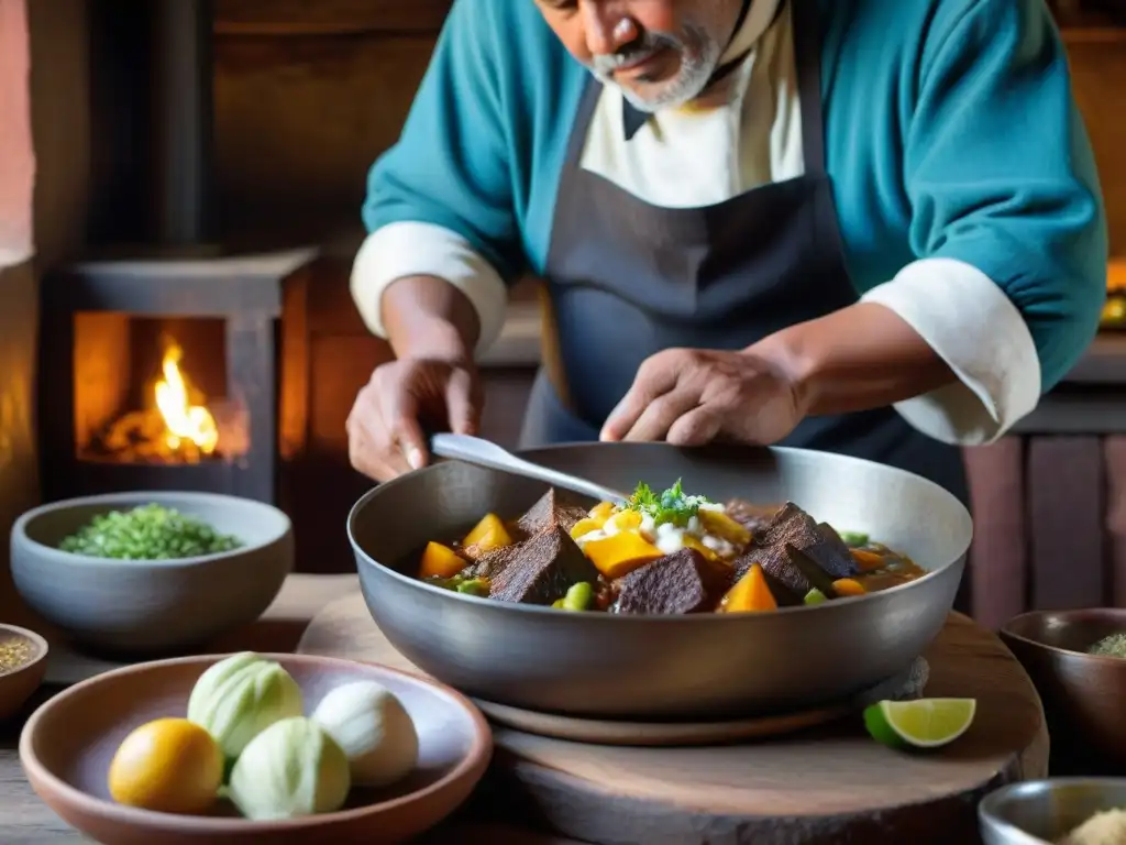 Un chef de montaña prepara un guiso andino tradicional en una cocina rústica, mostrando destreza y pasión por las recetas platos andinos chef montaña