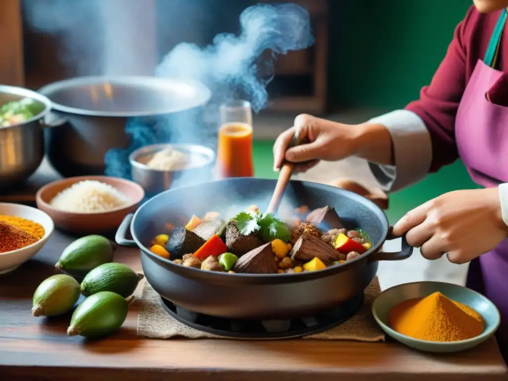 Un chef sazona con precisión un guiso peruano en una cocina típica, con sensores de temperatura