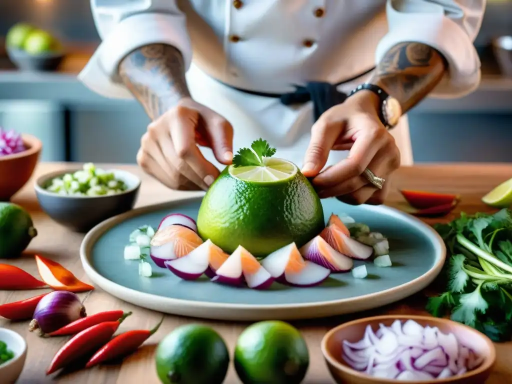Arte culinario: Maestría en ceviche peruano Un chef habilidoso preparando ceviche peruano con ingredientes autóctonos