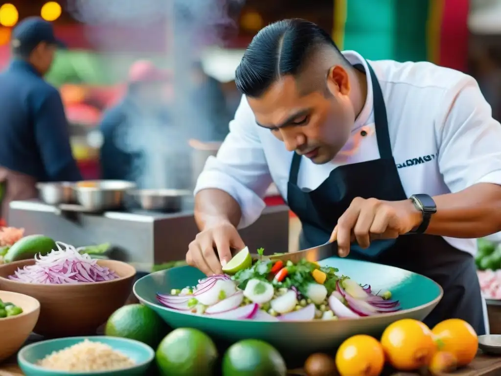 Un chef habilidoso preparando ceviche peruano en mercado bullicioso