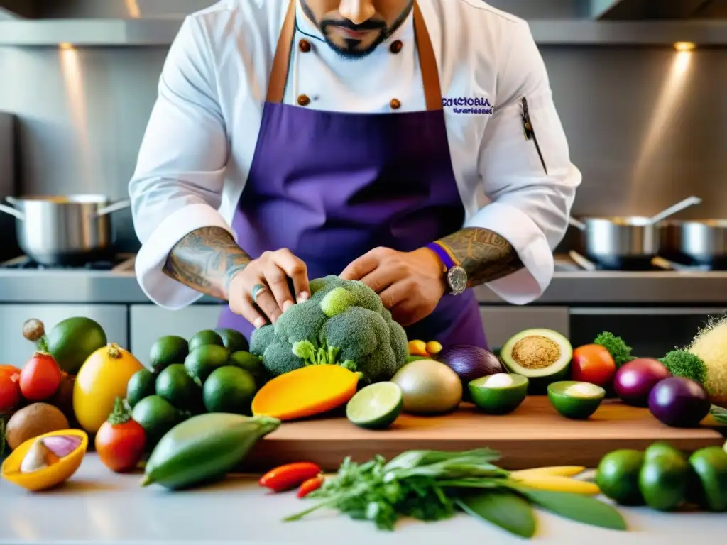 Chef experto: arte culinario con ingredientes orgánicos peruanos Un chef habilidoso realiza un estilismo de ingredientes orgánicos peruanos en una cocina moderna y elegante