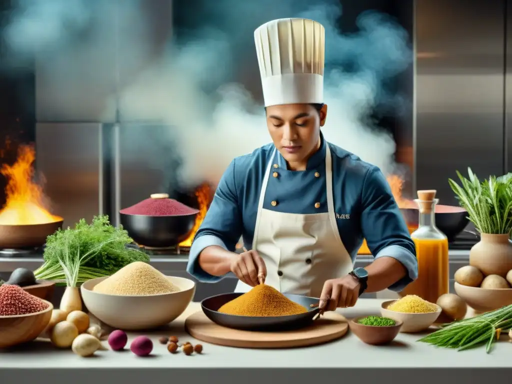 Chef novandino fusiona ingredientes ancestrales en cocina moderna Un chef habilidoso fusiona ingredientes autóctonos en una cocina moderna, capturando la esencia de la cocina novandina