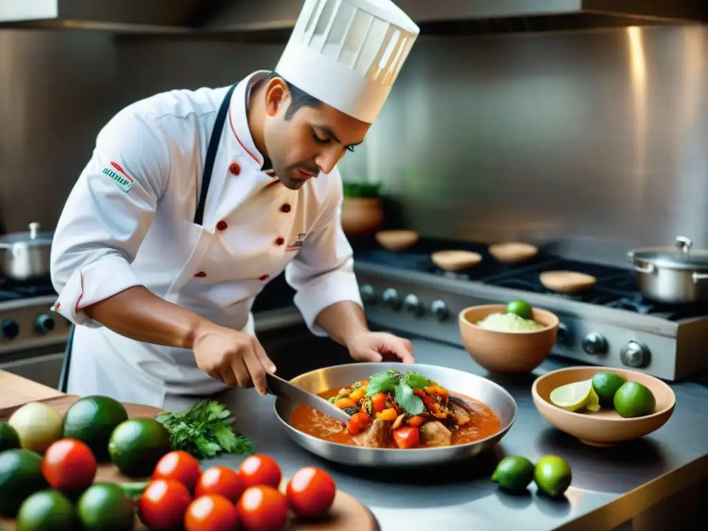 Un chef habilidoso prepara Pescado a lo Macho en una cocina profesional, rodeado de ingredientes coloridos y con una expresión concentrada