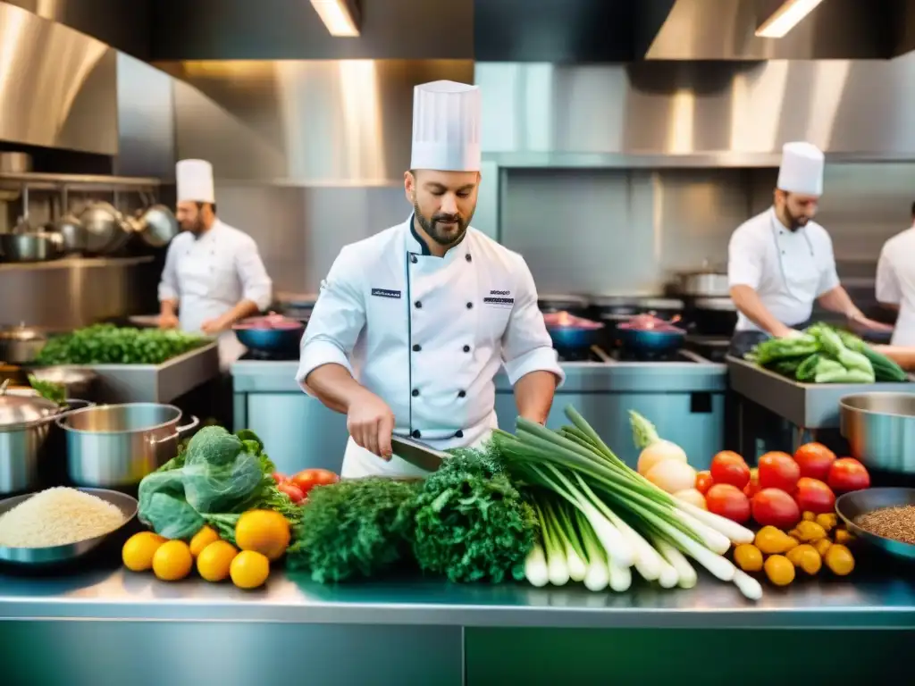 Un chef cortando hierbas frescas en una cocina bulliciosa, resaltando la dedicación detrás de las iniciativas gastronómicas cambio climático