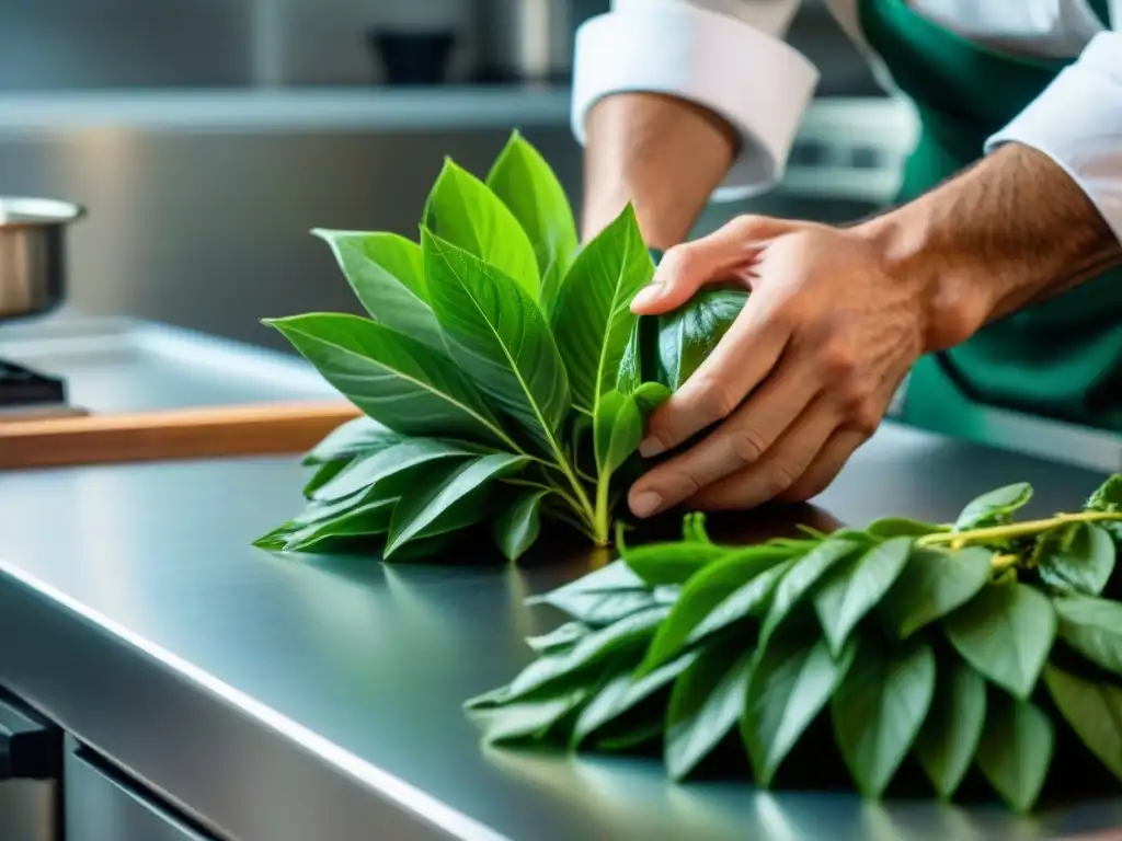 Chef recolectando hojas frescas de huacatay para guisos en cocina moderna