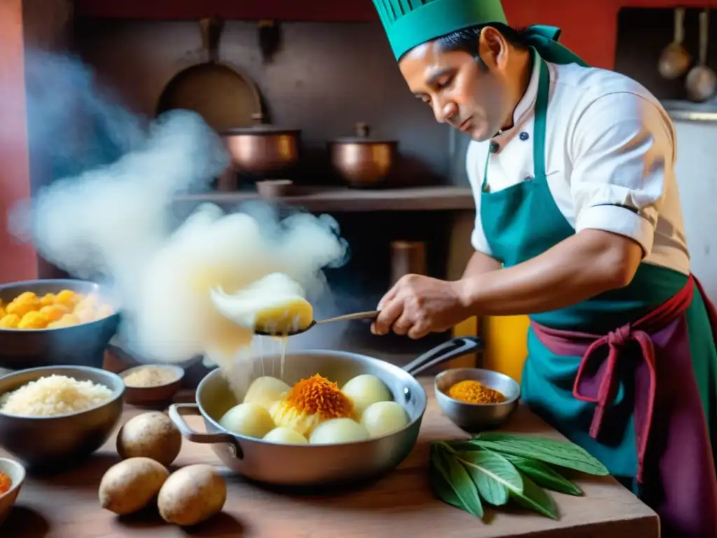 Un chef prepara Papa a la Huancaína en una cocina peruana tradicional con utensilios auténticos