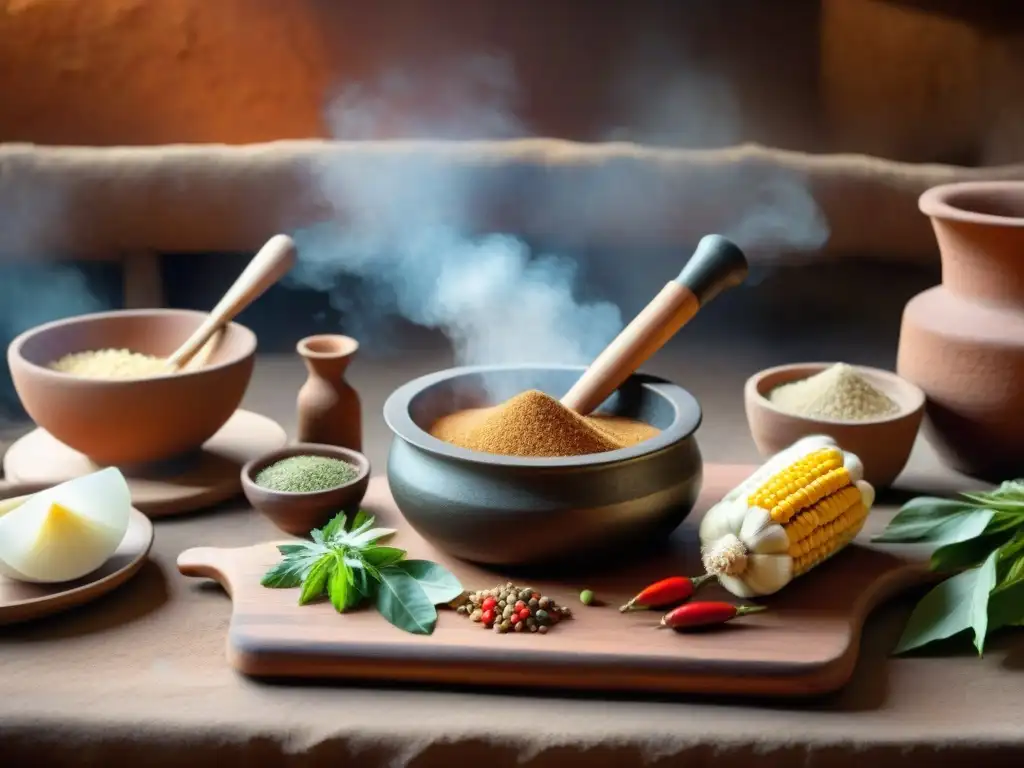 Un chef inca preparando ingredientes culinarios imperio inca en cocina tradicional