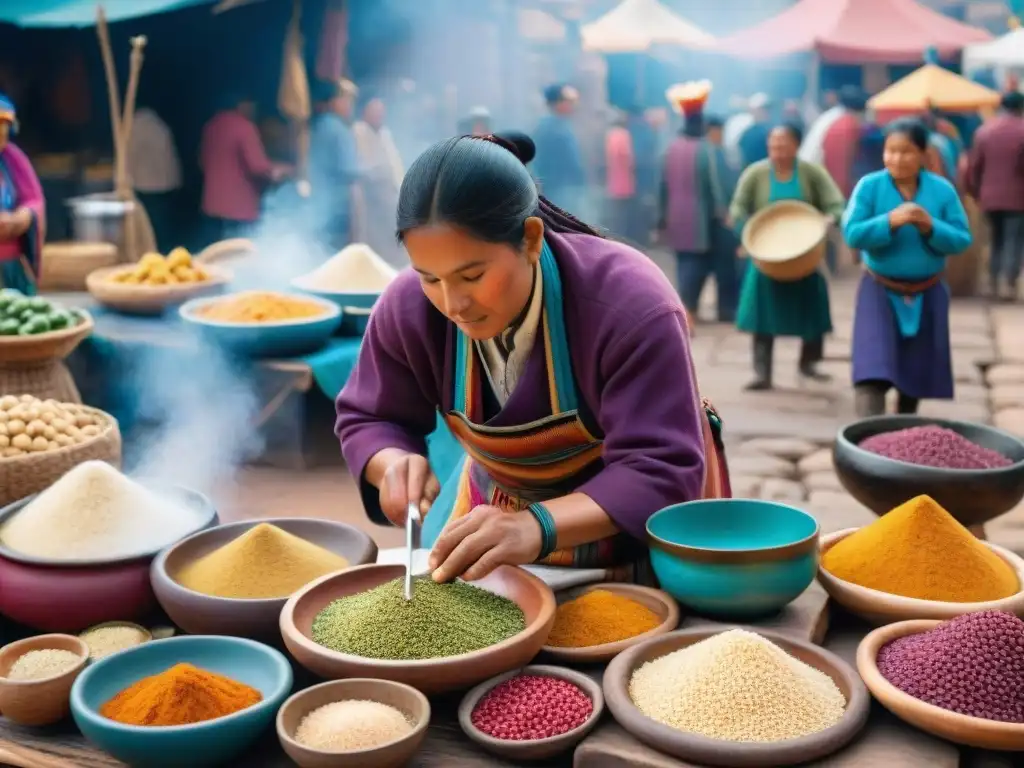 Un chef inca preparando un plato colorido rodeado de ingredientes nativos