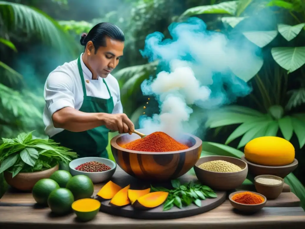 Un chef indígena preparando aderezos en la selva amazónica con ingredientes exóticos