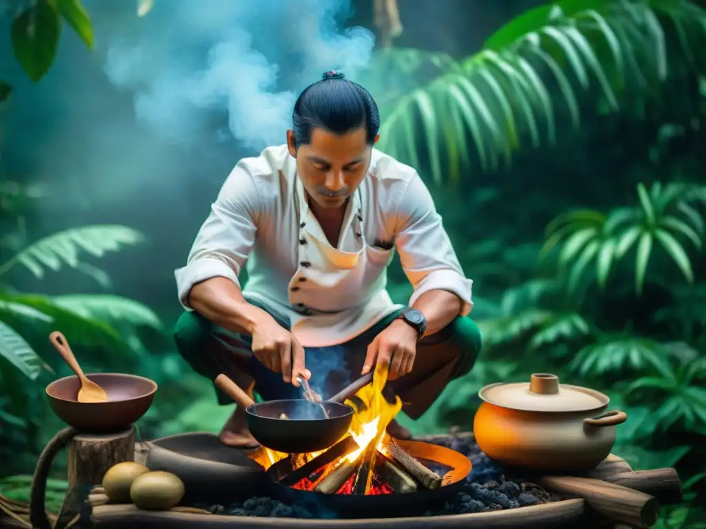 Un chef indígena amazónico prepara una receta a leña en la exuberante selva