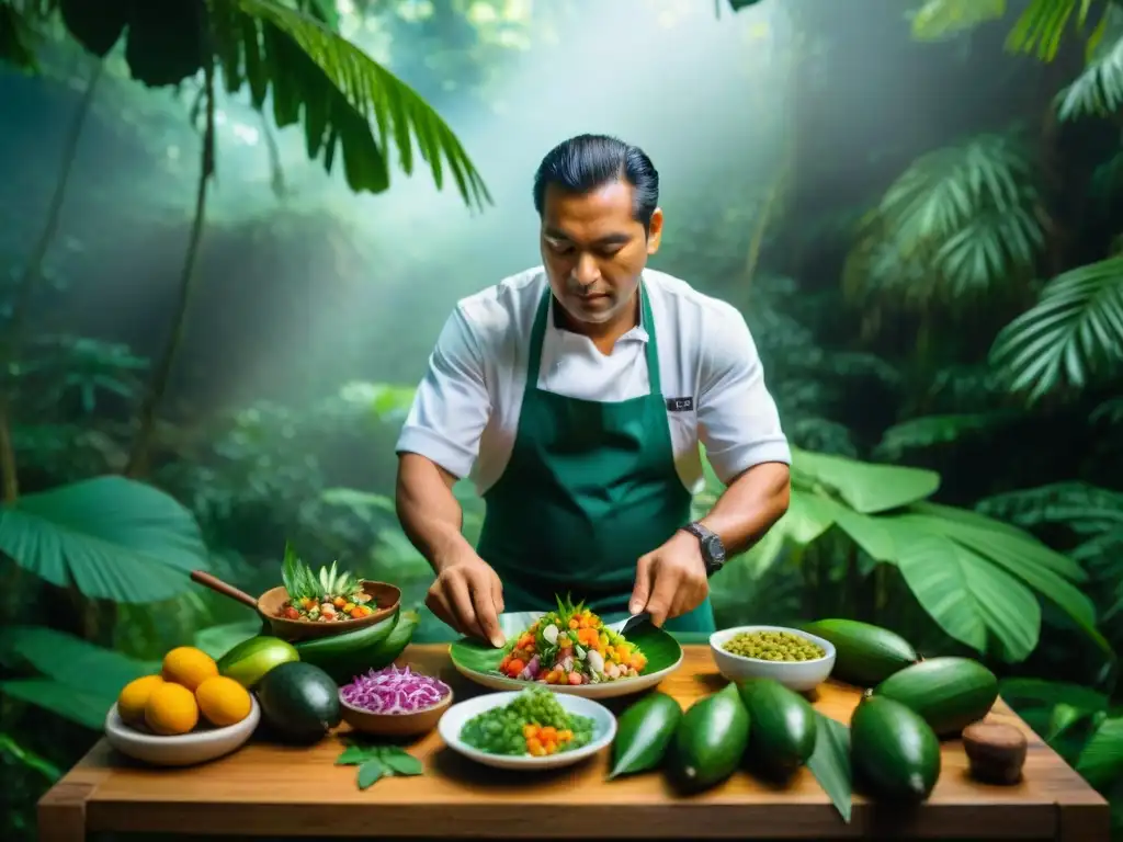 Un chef indígena prepara un ceviche amazónico selvático con ingredientes frescos de la selva