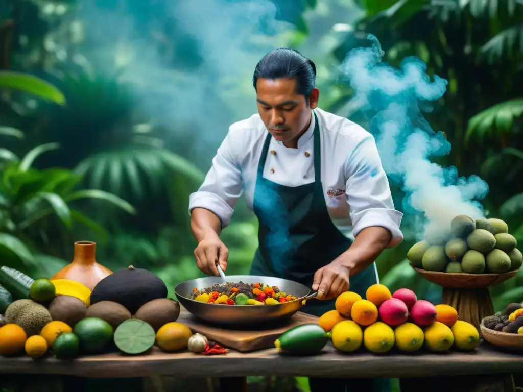 Un chef indígena experto preparando cocina tradicional amazónica en la selva de Perú