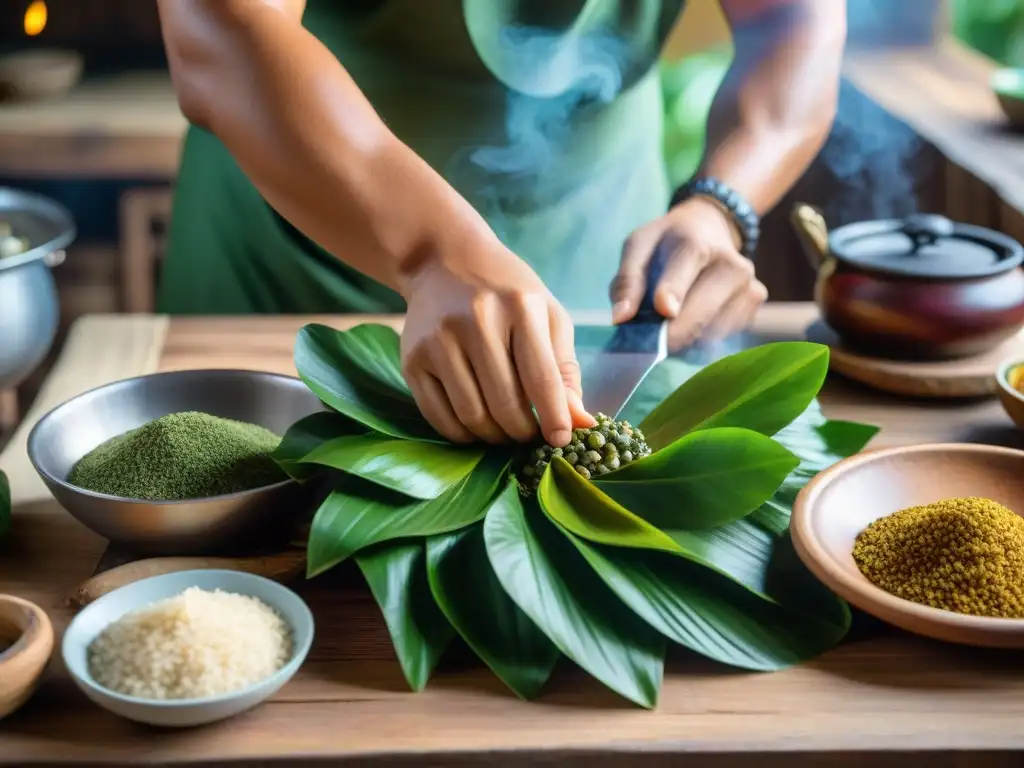 Un chef indígena experto prepara Juane en cocina amazónica, evocando tradición y maestría culinaria