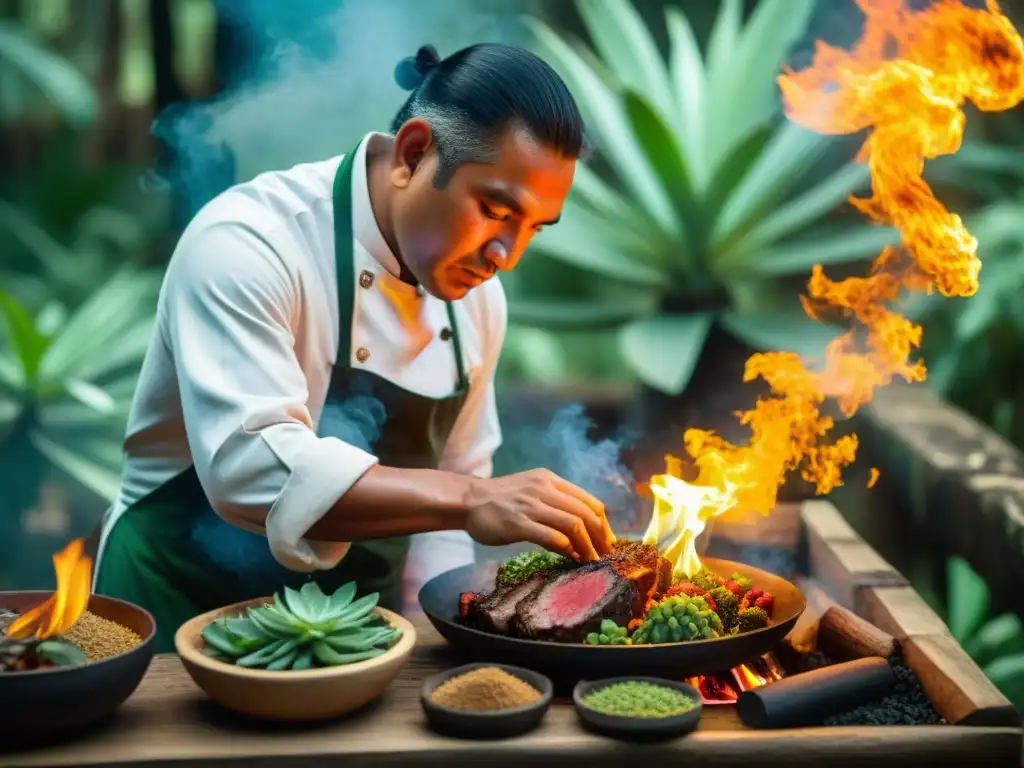 Un chef indígena experto sazona carne exótica en la selva peruana