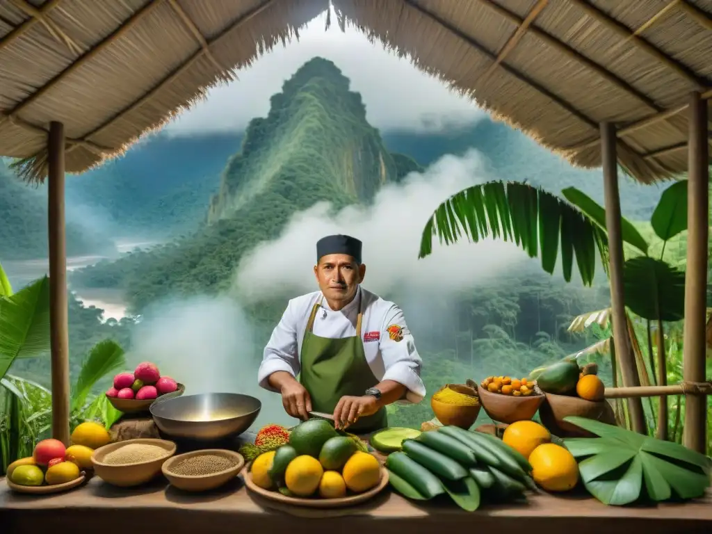 Un chef indígena experto en la gastronomía amazónica peruana prepara ingredientes autóctonos en una cocina tradicional de la selva