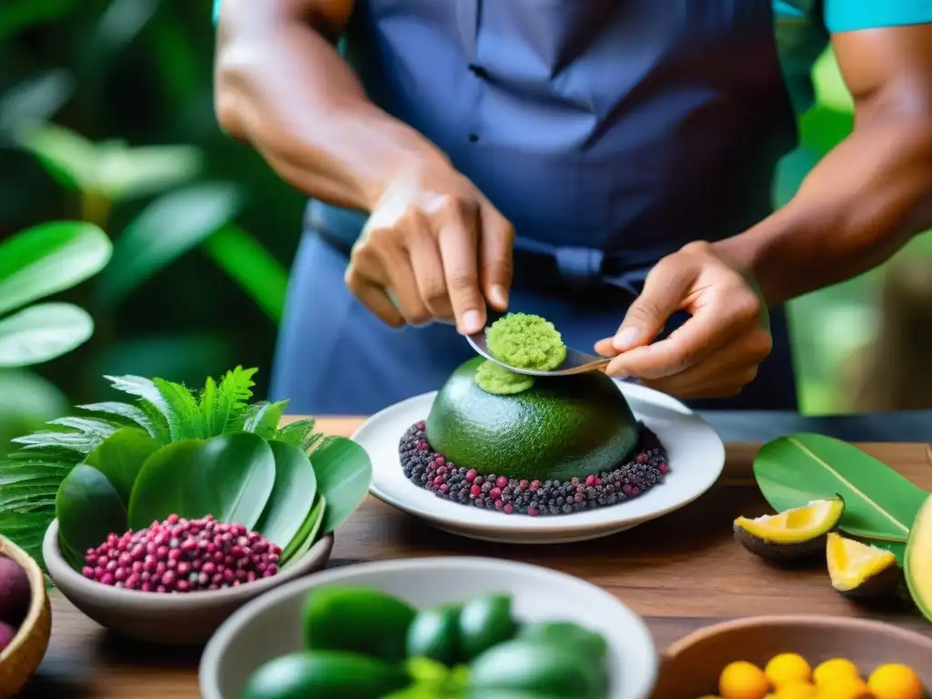 Un chef indígena experto preparando un plato tradicional en la selva amazónica