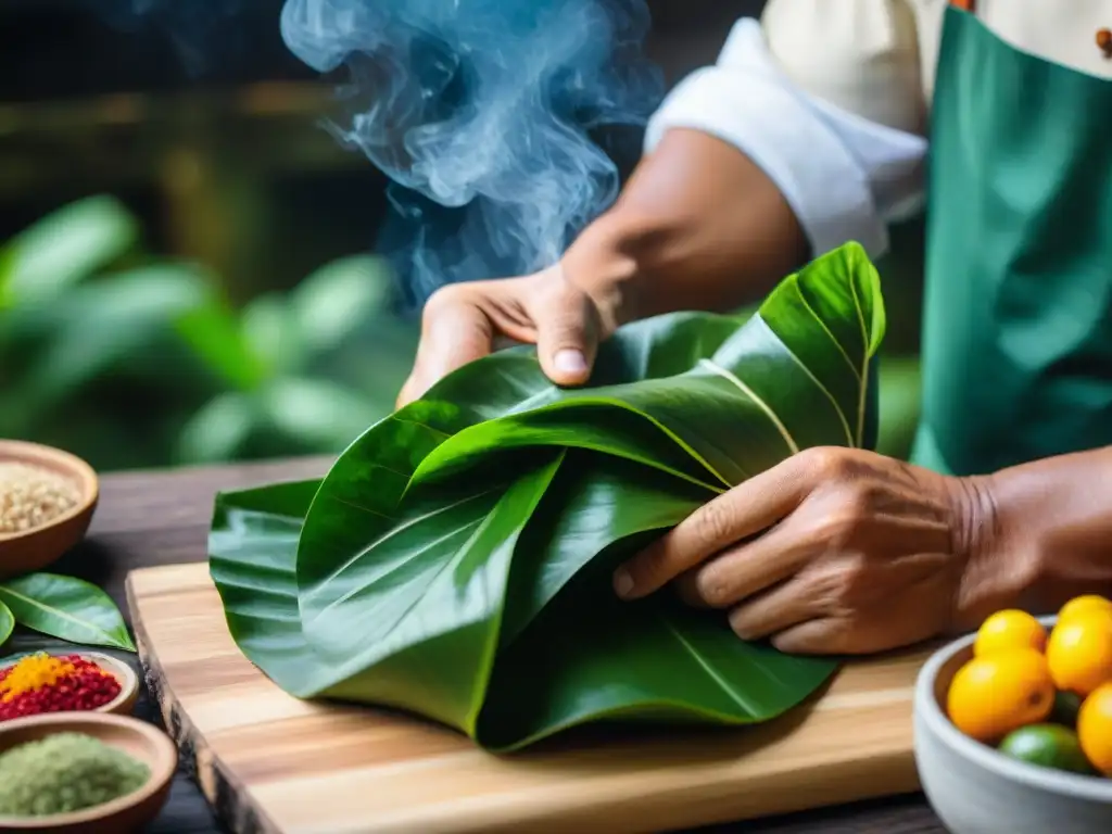 Un chef indígena experto en la Técnica de cocinar en bijao envuelve un plato tradicional amazónico