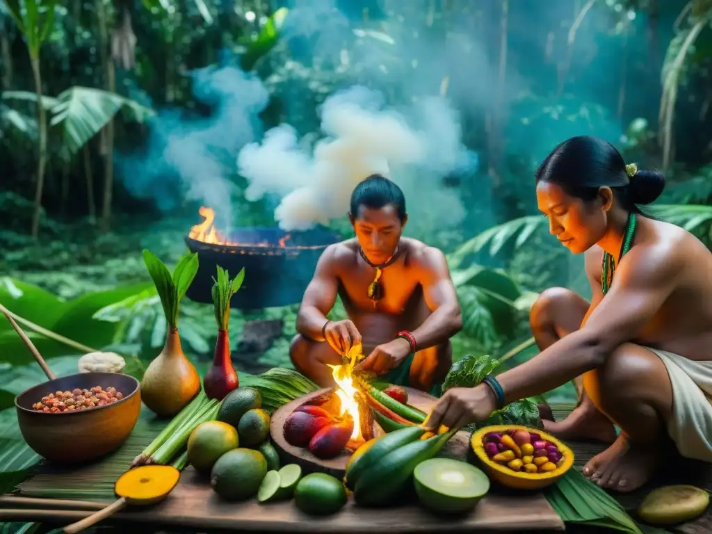 Chef indígena preparando festín con prácticas sostenibles gastronomía amazónica en la selva lluviosa