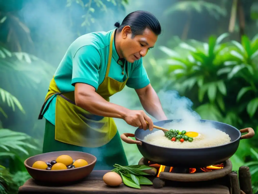 Cocina Amazónica: Chef Indígena Preparando Juane en la Selva Peruana Un chef indígena preparando Juane en la selva del Amazonas, representando la gastronomía peruana y sus platos tradicionales