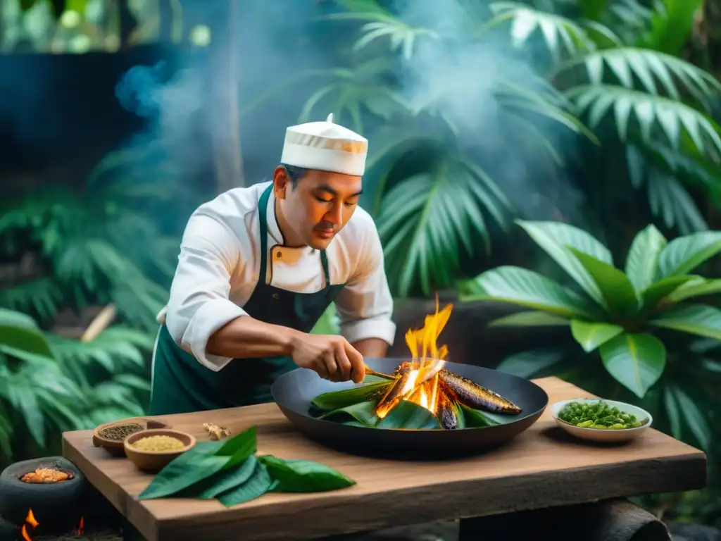 Un chef indígena prepara maito envuelto en hojas de bijao, usando el método tradicional sobre piedras calientes en la selva