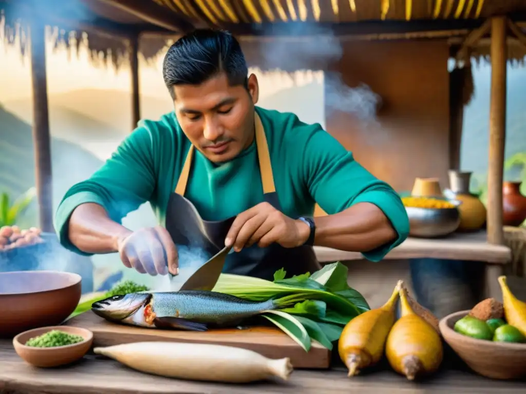 Un chef indígena envuelve un maito peruano con precisión sobre fuego, en una cocina rústica