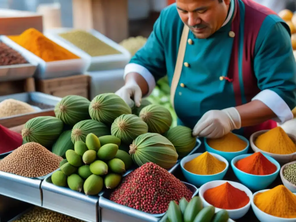 Un chef indígena peruano selecciona anís estrellado andino en un mercado andino