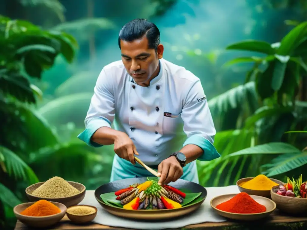 Un chef indígena peruano experto cocina con ingredientes autóctonos en la exuberante selva amazónica