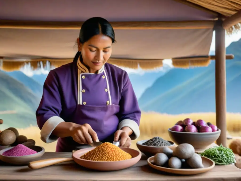 Chef indígena peruano preparando ingredientes nativos con herencia culinaria pueblos indígenas Perú