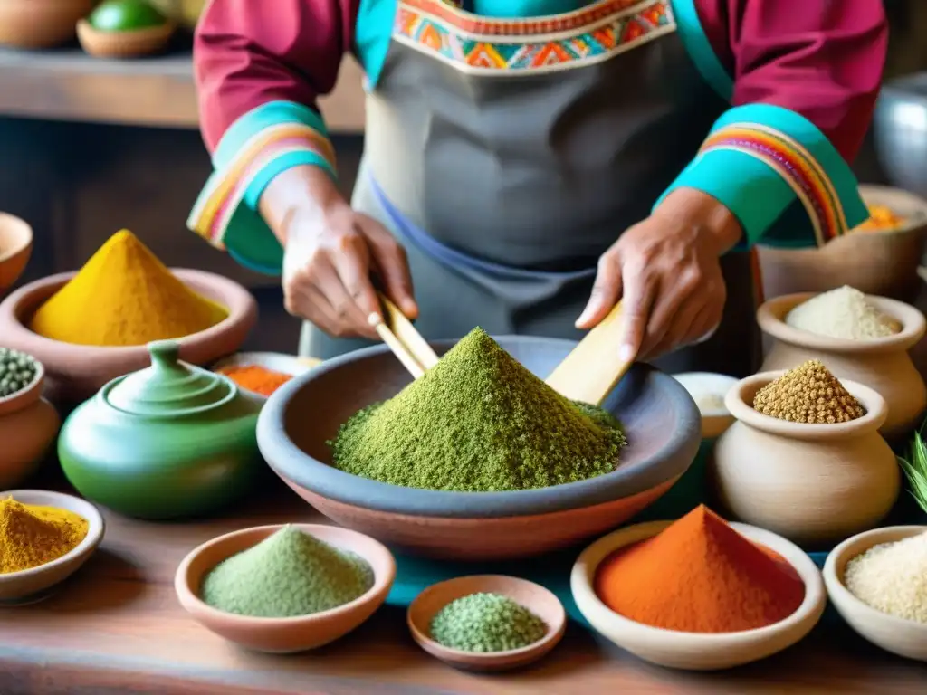 Un chef indígena peruano prepara ingredientes con destreza, celebrando la herencia culinaria de los pueblos indígenas del Perú