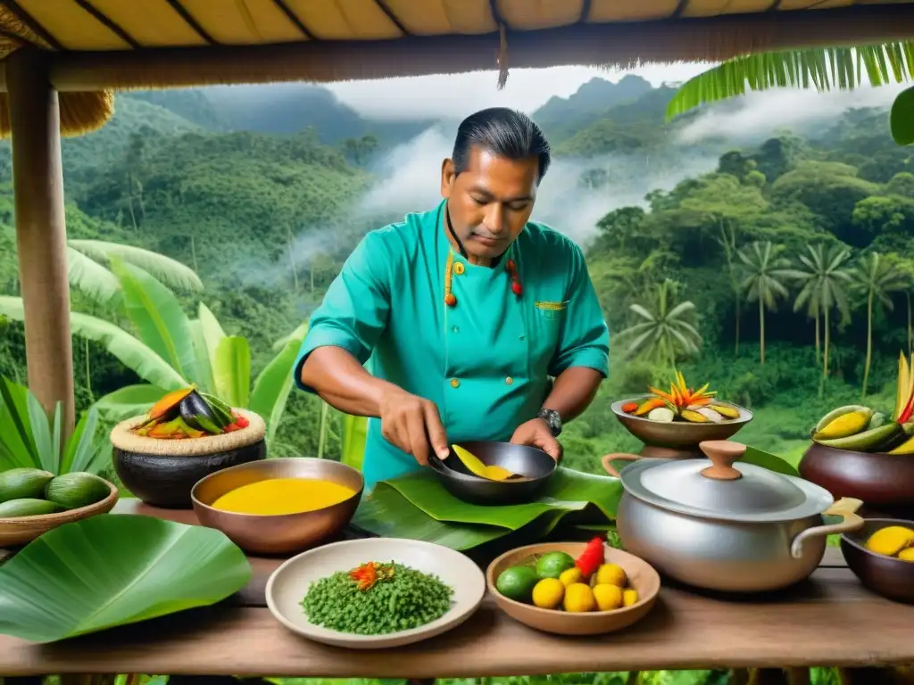 Un chef indígena peruano prepara maito en la selva amazónica, mostrando el método de cocinar maito indígena