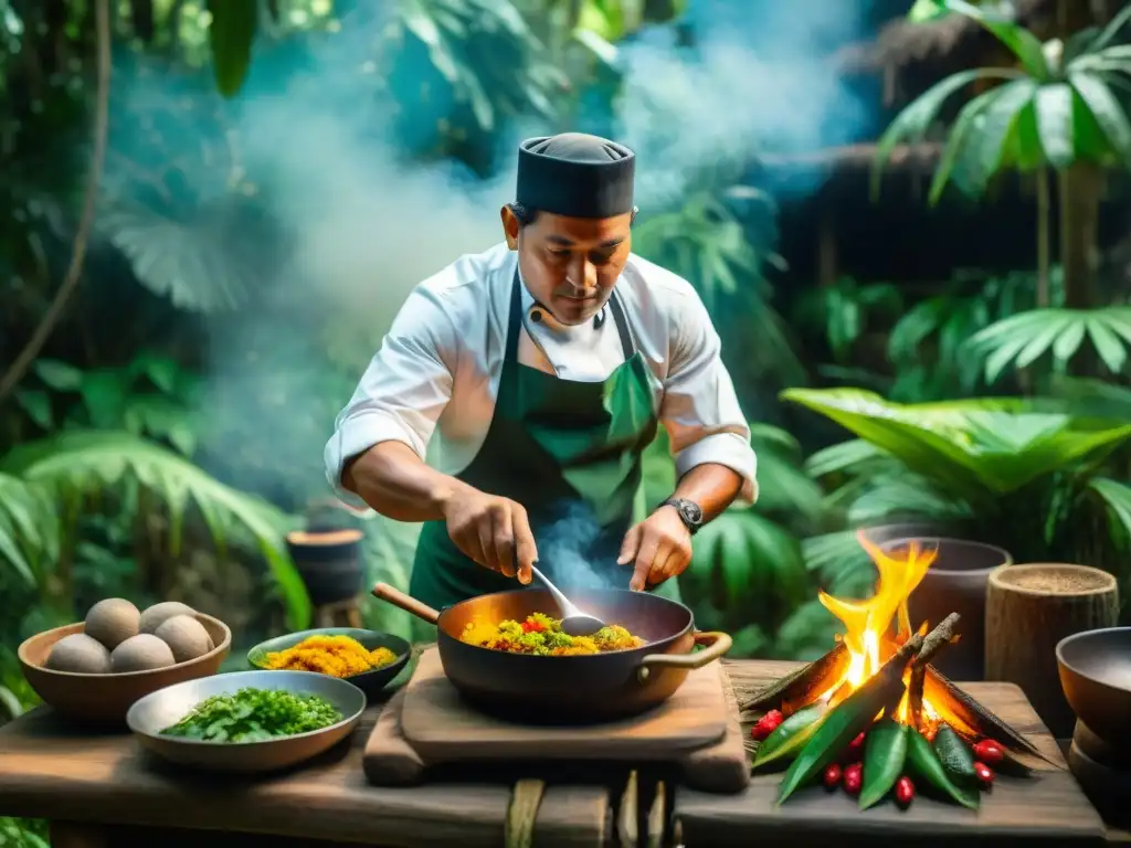 Un chef indígena peruano prepara un platillo amazónico en una cocina rústica bajo la densa vegetación