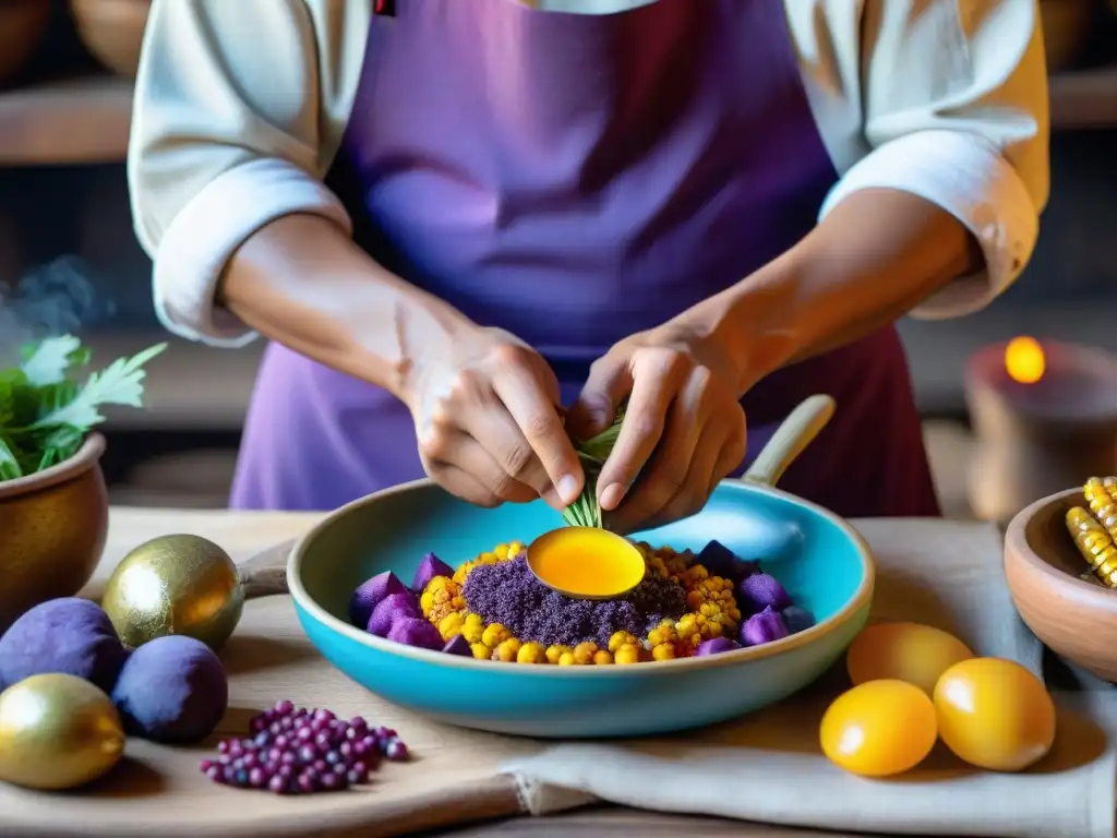 Un chef indígena peruano prepara un platillo ancestral en una cocina rústica, destacando la gastronomía peruana y sus sabores ancestrales