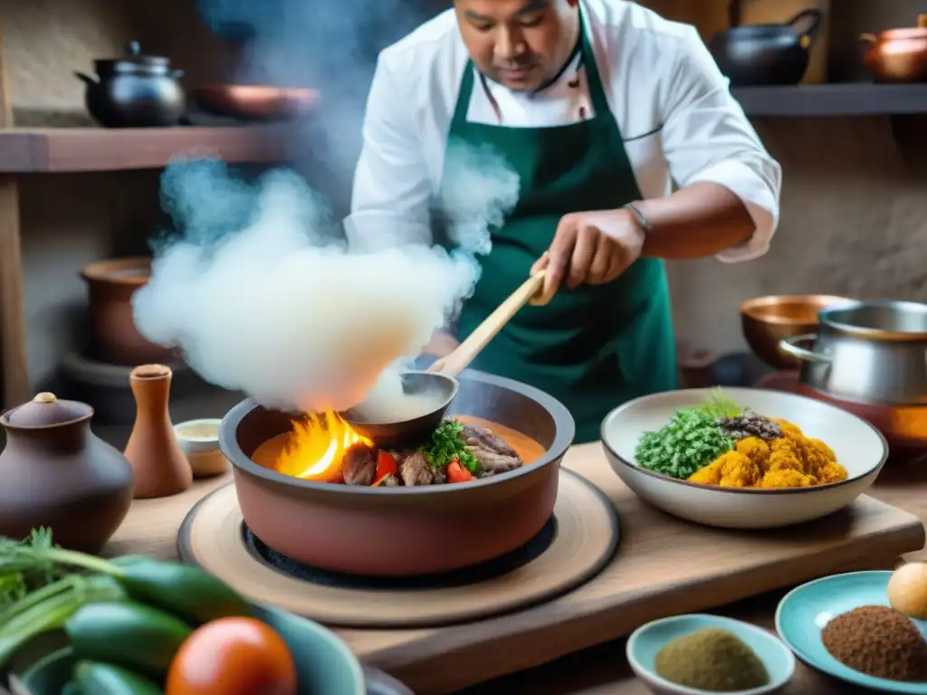 Un chef indígena peruano preparando un plato tradicional en una cocina rústica