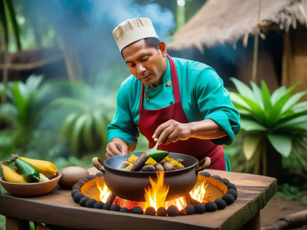 Un chef indígena peruano prepara un plato amazónico en una cocina rústica en la selva