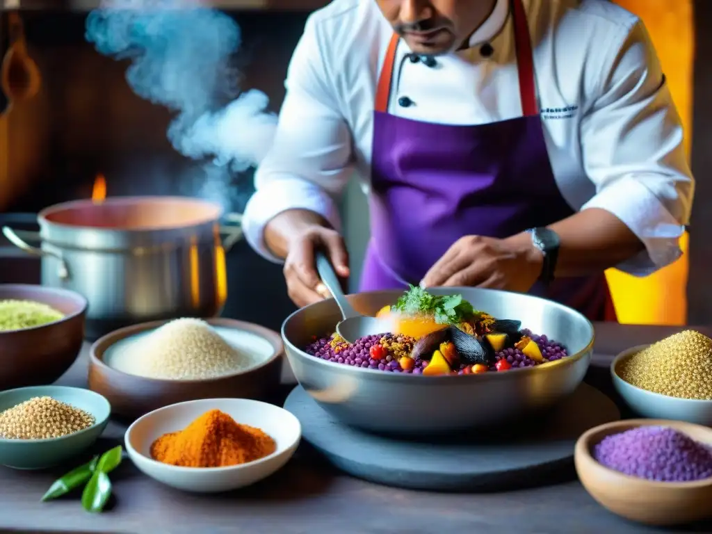 Un chef indígena peruano preparando un plato tradicional en una cocina rústica con ingredientes vibrantes