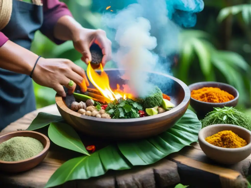 Chef indígena peruano preparando plato amazónico con plantas medicinales en selva