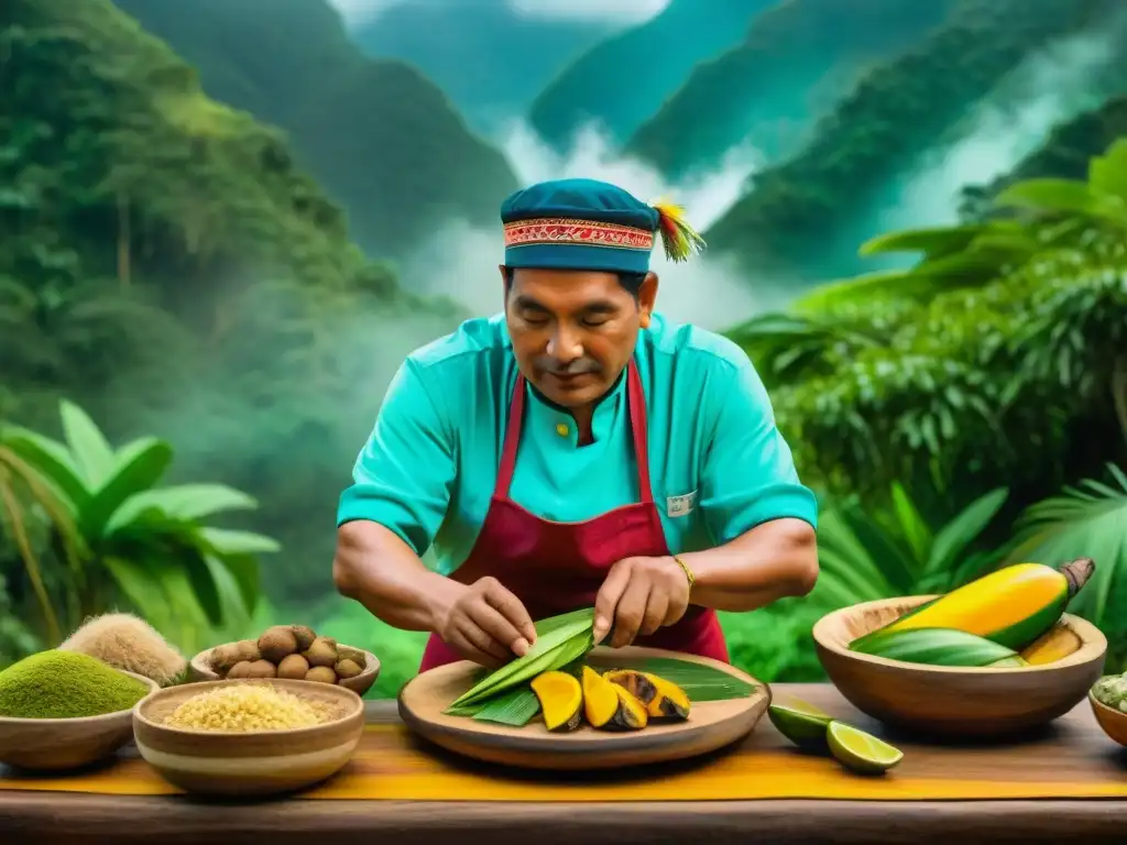 Chef indígena peruano preparando platos tradicionales en la selva amazónica, resaltando la biodiversidad y la gastronomía local