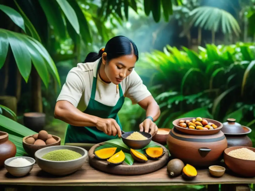 Un chef indígena prepara piqueos selváticos amazónicos con ingredientes vibrantes en una cocina tradicional rodeada de naturaleza exuberante