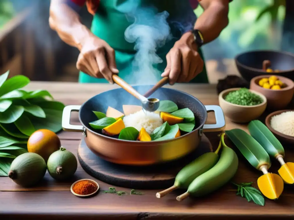 Un chef indígena prepara un plato en una cocina amazónica peruana, rodeado de ingredientes exóticos y utensilios tradicionales